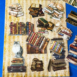cats in the library vintage aesthetic card stickers on clear plastic backing sheet. victorian book stacks and furry cat illustrations