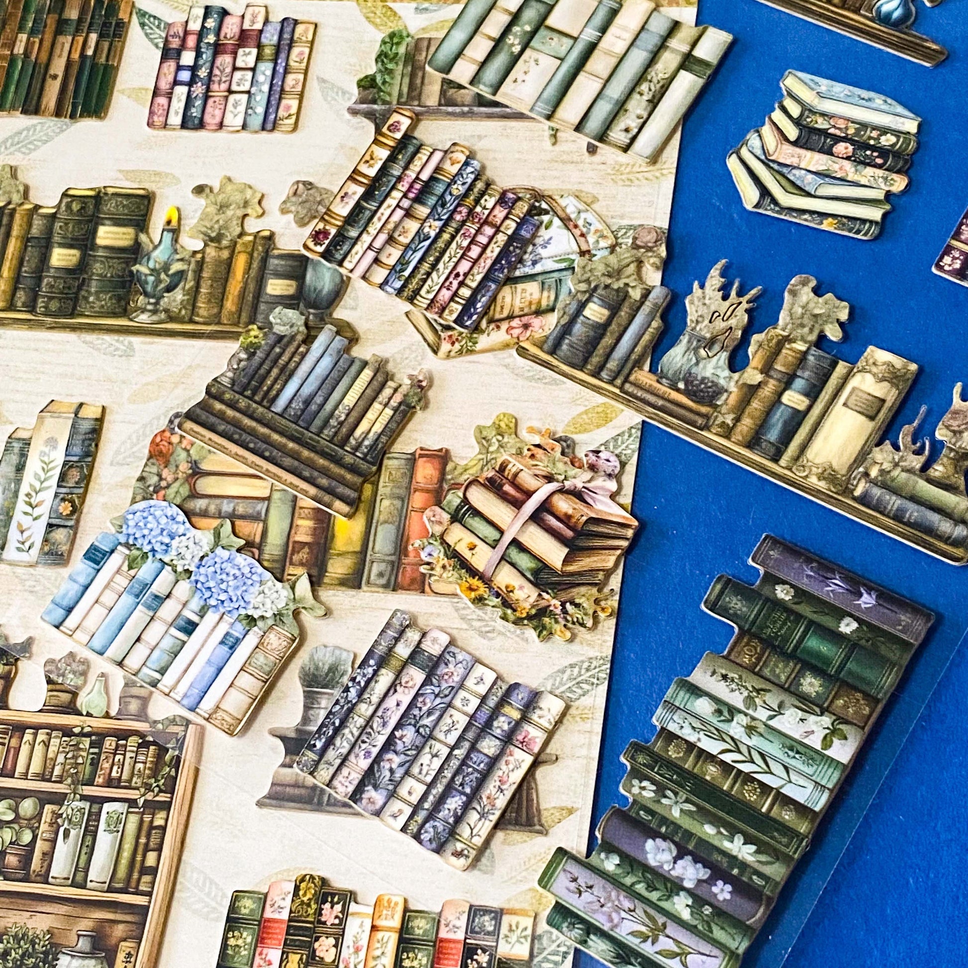 floral and botanical library stickers pack of 2 clear sheets with card die cuts of vintage book stacks and flowers
