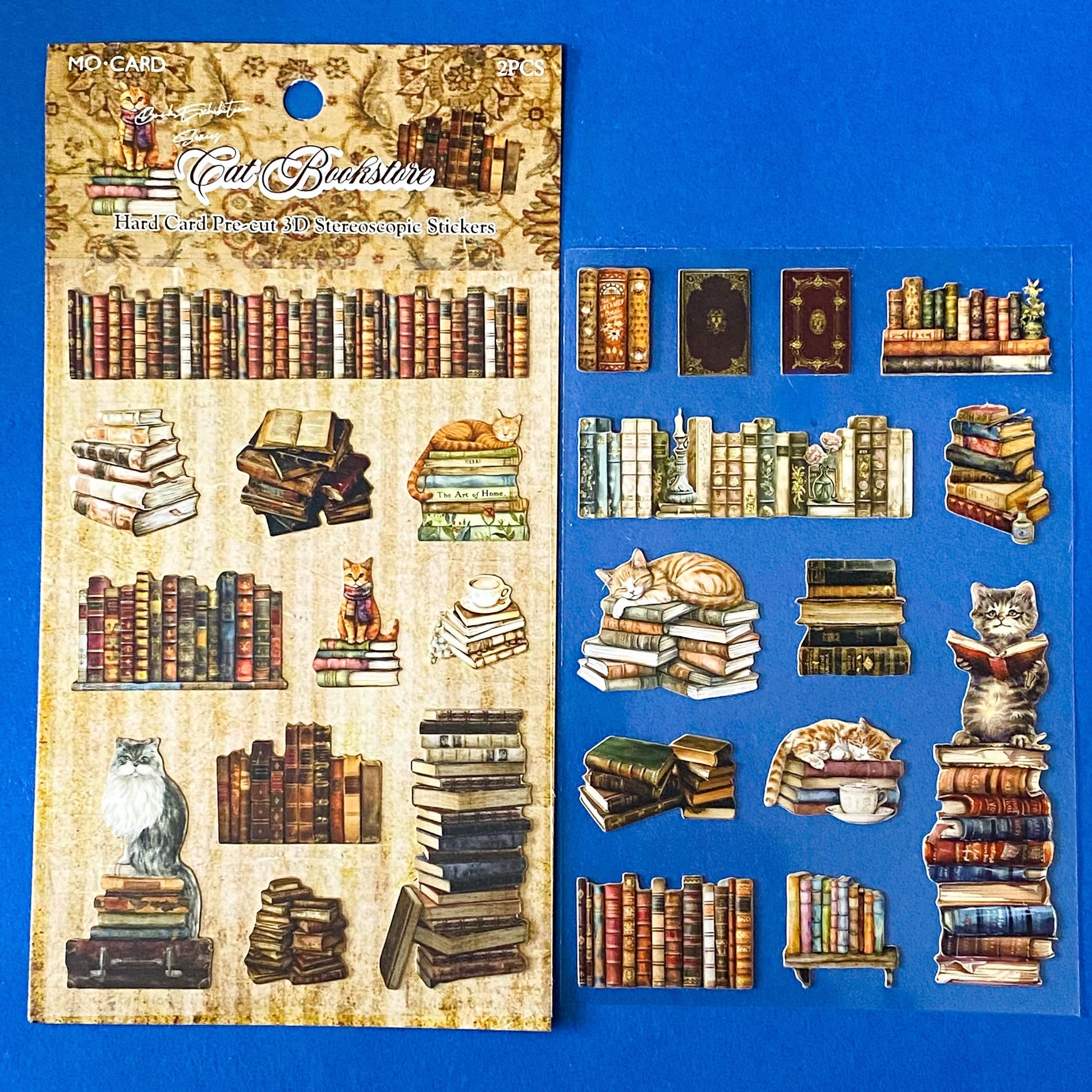 cats in the library vintage aesthetic card stickers on clear plastic backing sheet. victorian book stacks and furry cat illustrations