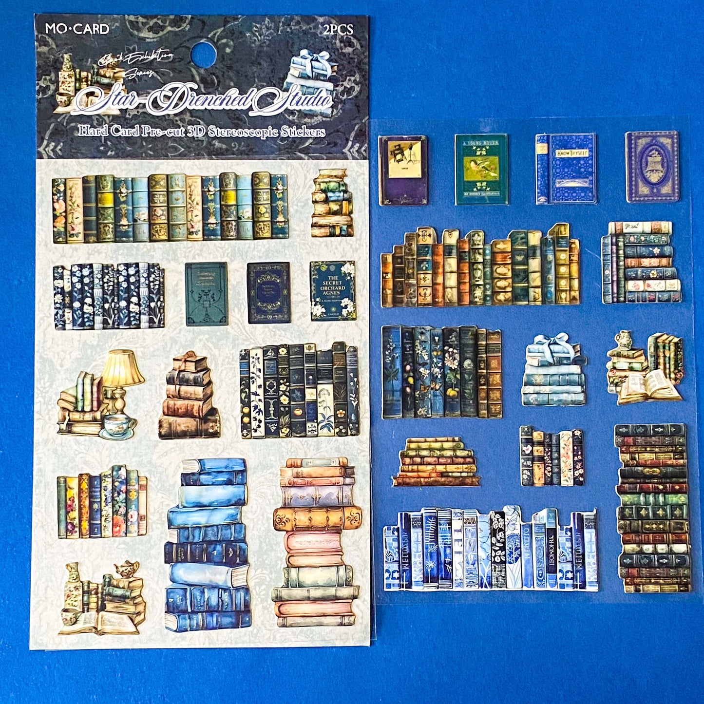 midnight library aesthetic sticker pack of 2 clear sheets and card 3d die cuts of book stacks and vintage bookshelf accessories