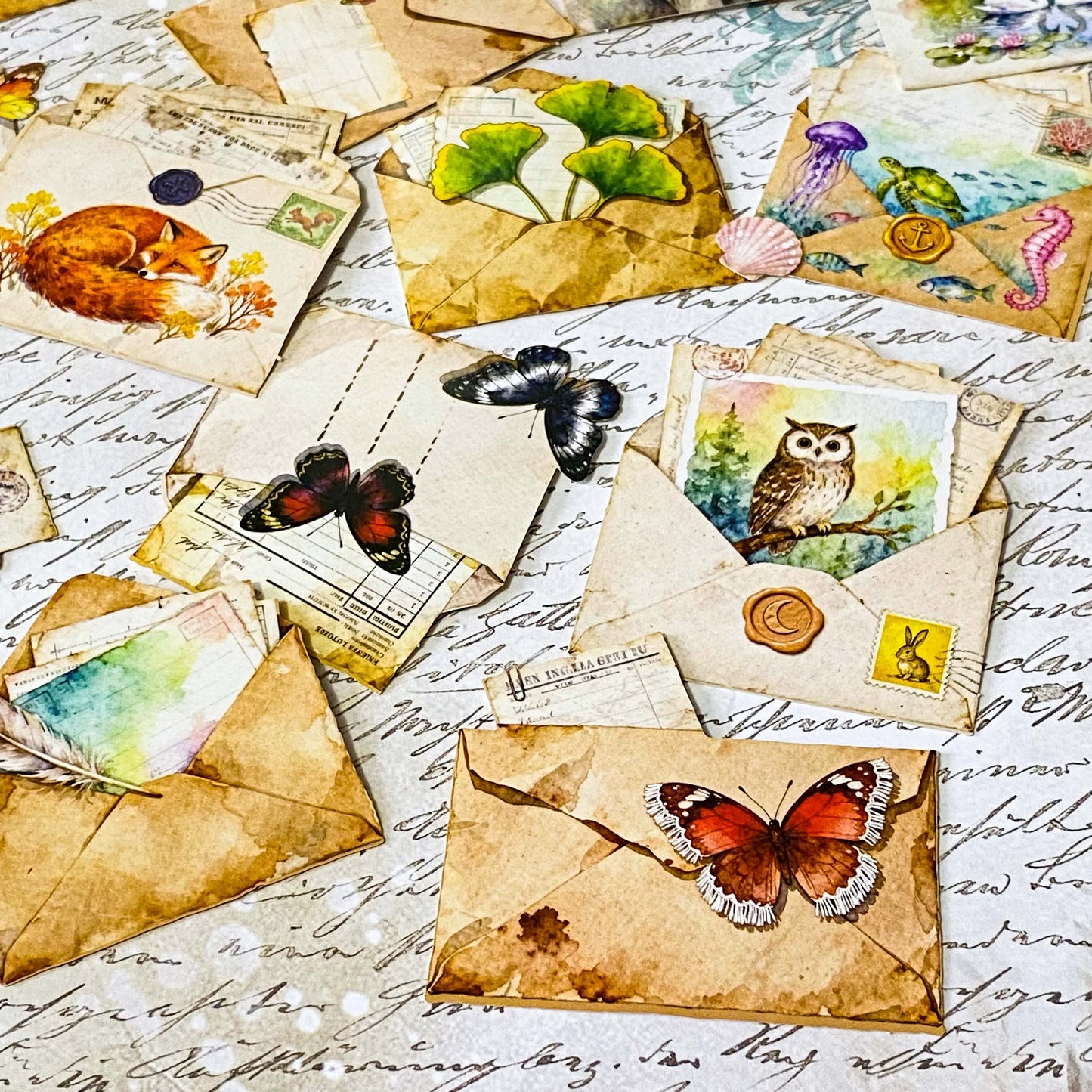 vintage die cuts of antique envelopes and letters with butterflies, animals, birds, leaves and feather decorations in sepia tone for journaling and scrapbooking