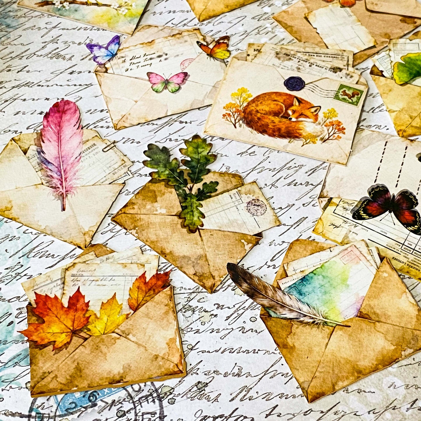 vintage die cuts of antique envelopes and letters with butterflies, animals, birds, leaves and feather decorations in sepia tone for journaling and scrapbooking