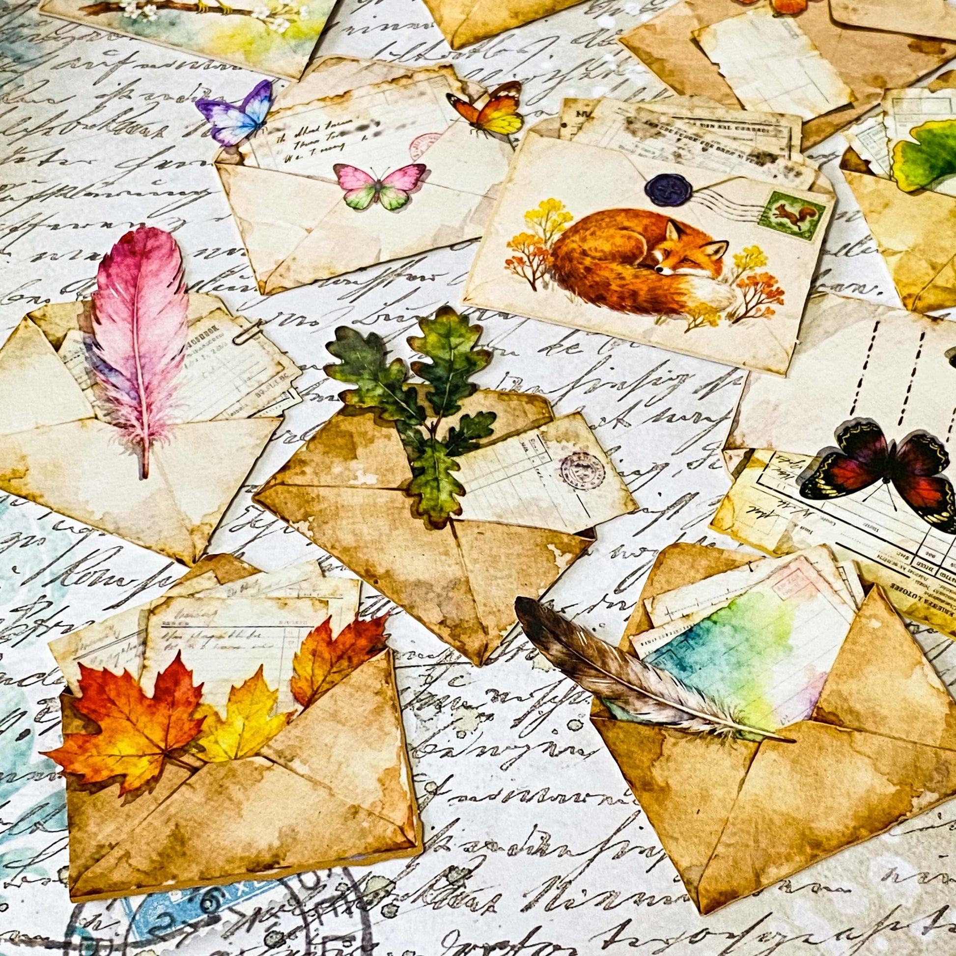 vintage die cuts of antique envelopes and letters with butterflies, animals, birds, leaves and feather decorations in sepia tone for journaling and scrapbooking