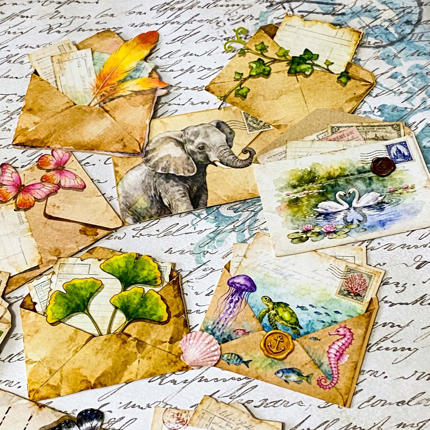 vintage die cuts of antique envelopes and letters with butterflies, animals, birds, leaves and feather decorations in sepia tone for journaling and scrapbooking