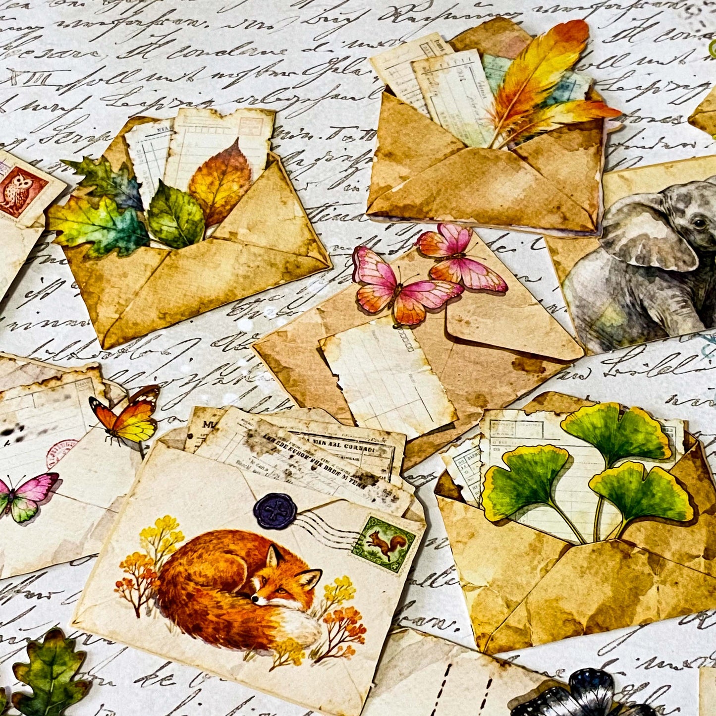 vintage die cuts of antique envelopes and letters with butterflies, animals, birds, leaves and feather decorations in sepia tone for journaling and scrapbooking