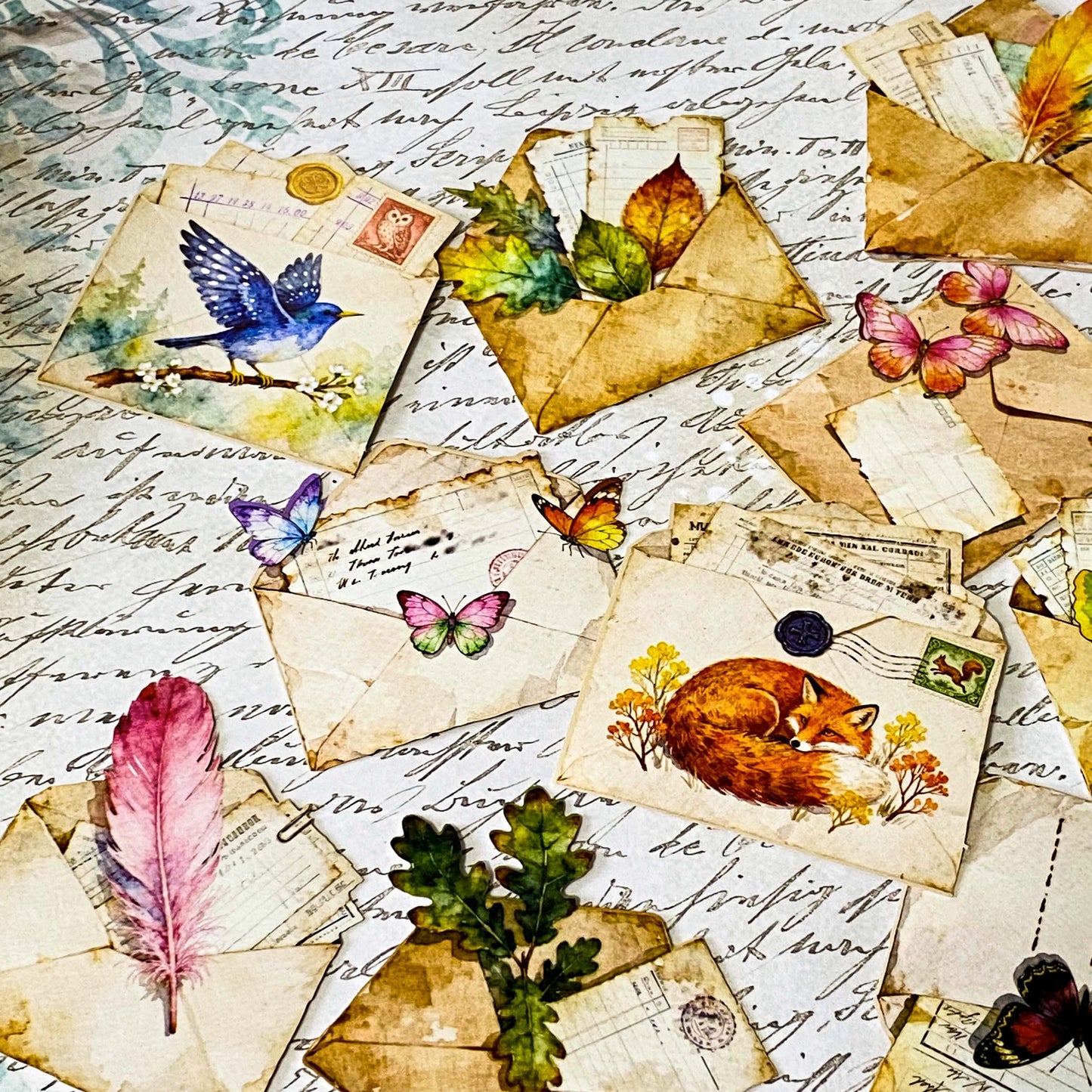 vintage die cuts of antique envelopes and letters with butterflies, animals, birds, leaves and feather decorations in sepia tone for journaling and scrapbooking