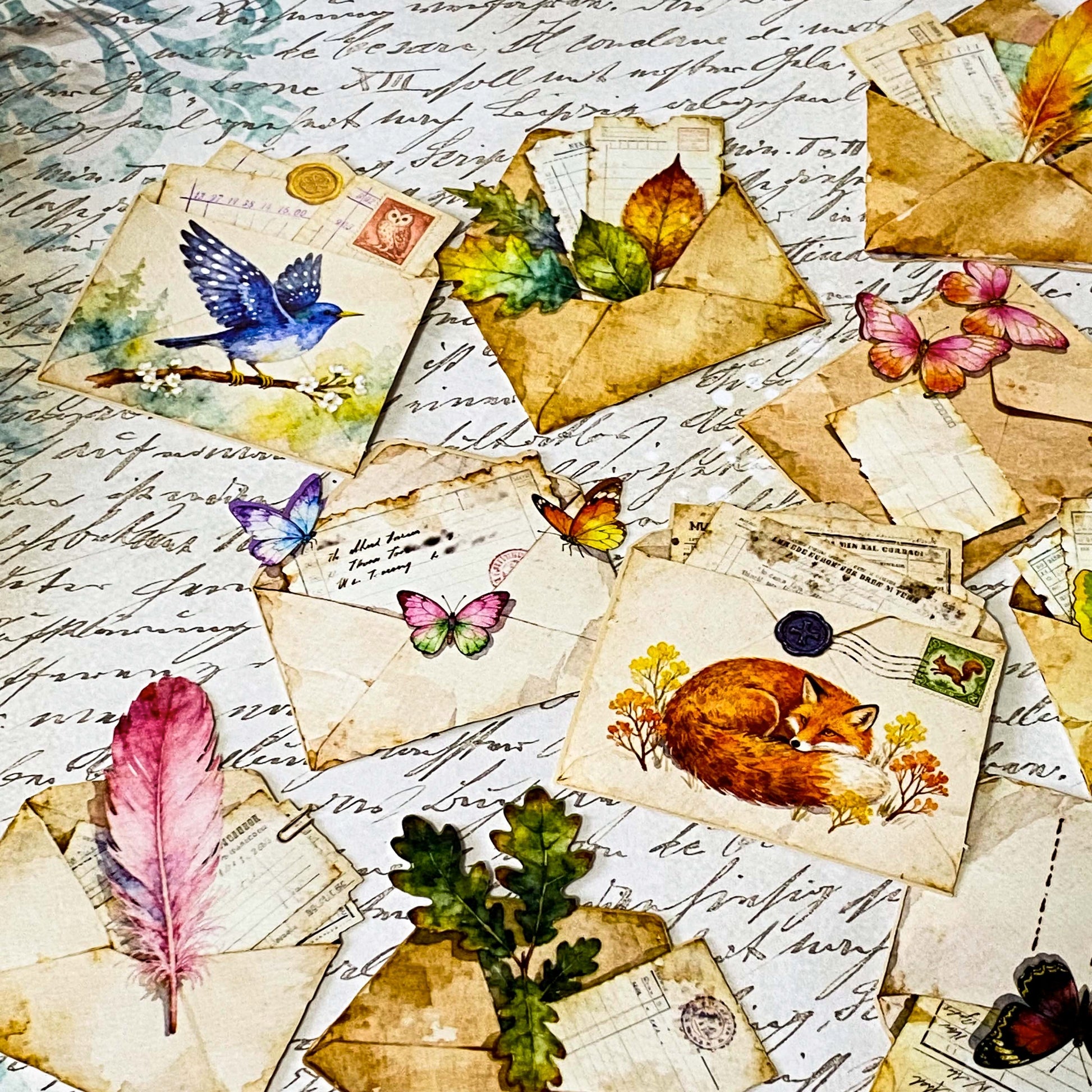 vintage die cuts of antique envelopes and letters with butterflies, animals, birds, leaves and feather decorations in sepia tone for journaling and scrapbooking