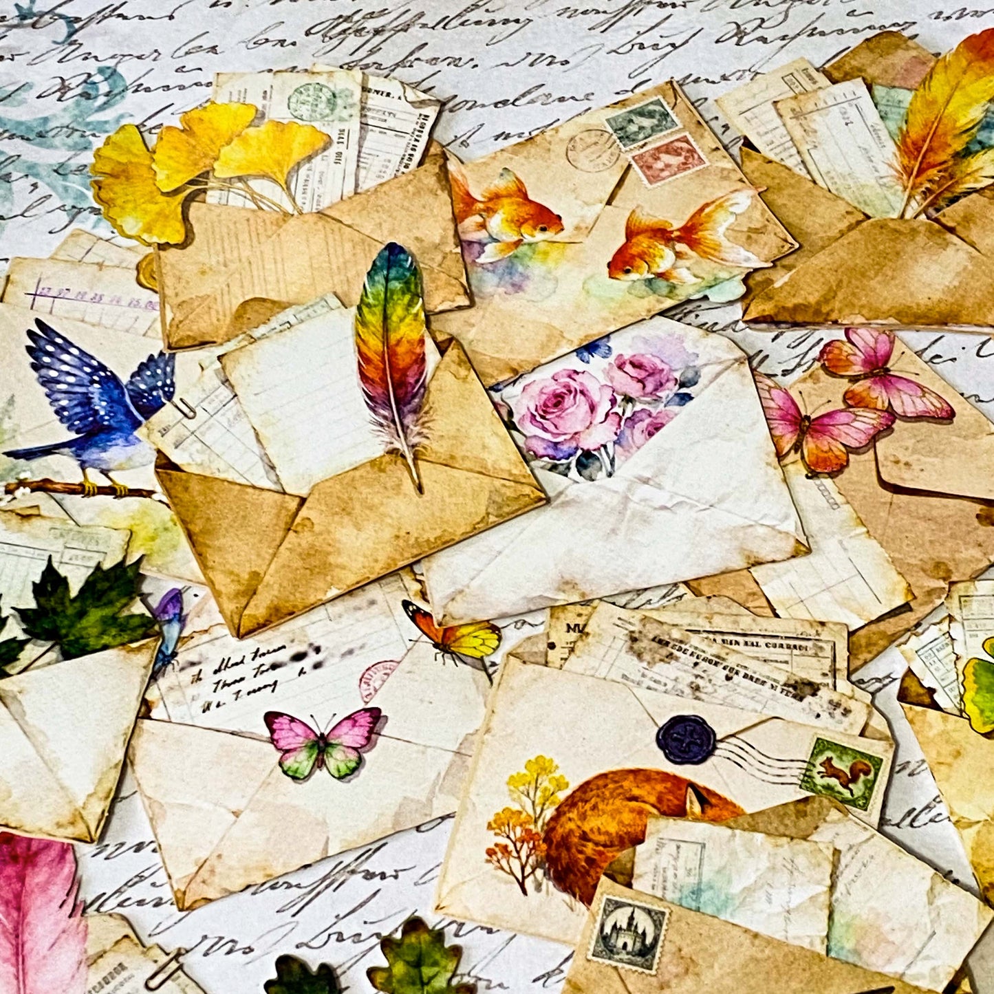 vintage die cuts of antique envelopes and letters with butterflies, animals, birds, leaves and feather decorations in sepia tone for journaling and scrapbooking
