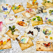 vintage die cuts of antique envelopes and letters with butterflies, animals, birds, leaves and feather decorations in sepia tone for journaling and scrapbooking