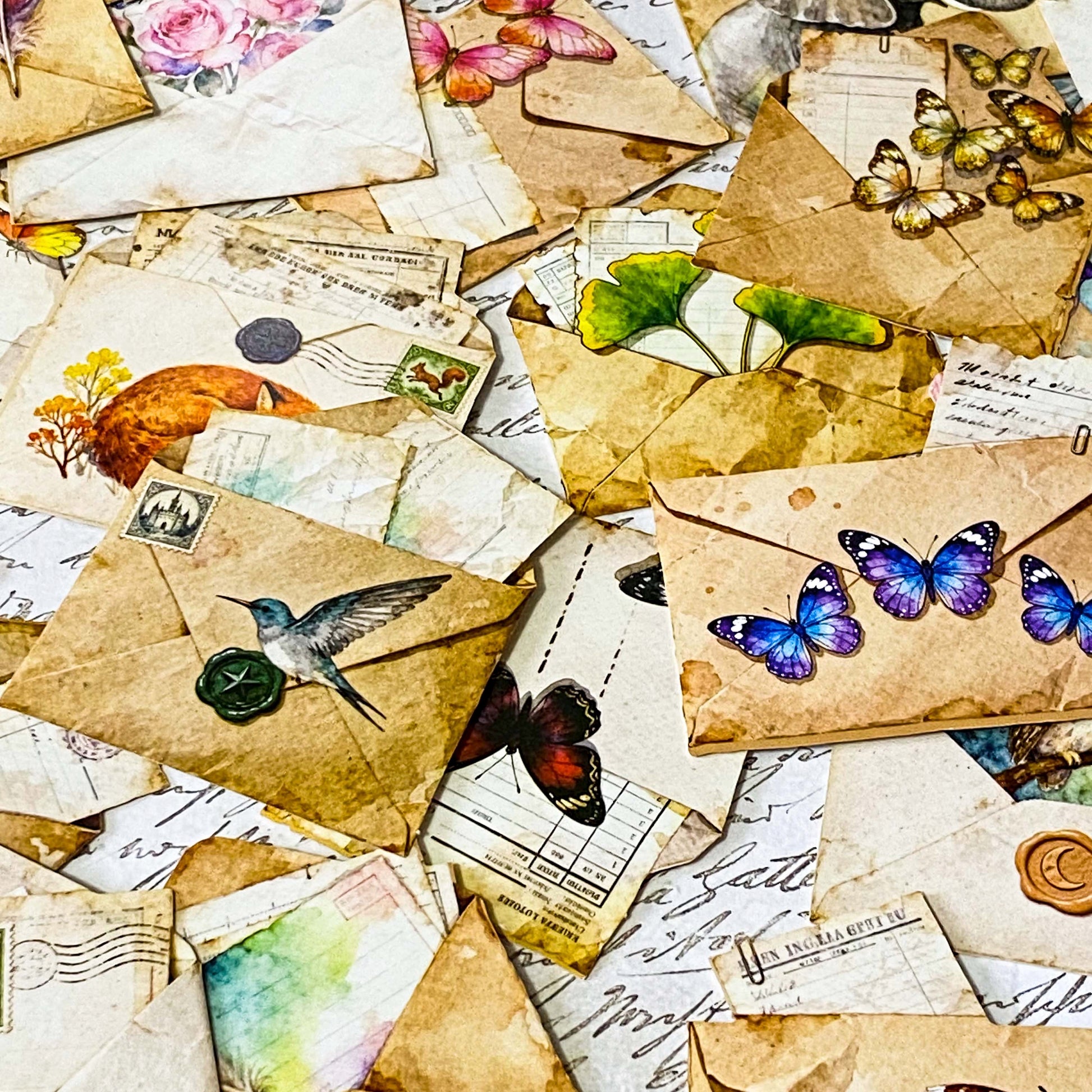 vintage die cuts of antique envelopes and letters with butterflies, animals, birds, leaves and feather decorations in sepia tone for journaling and scrapbooking