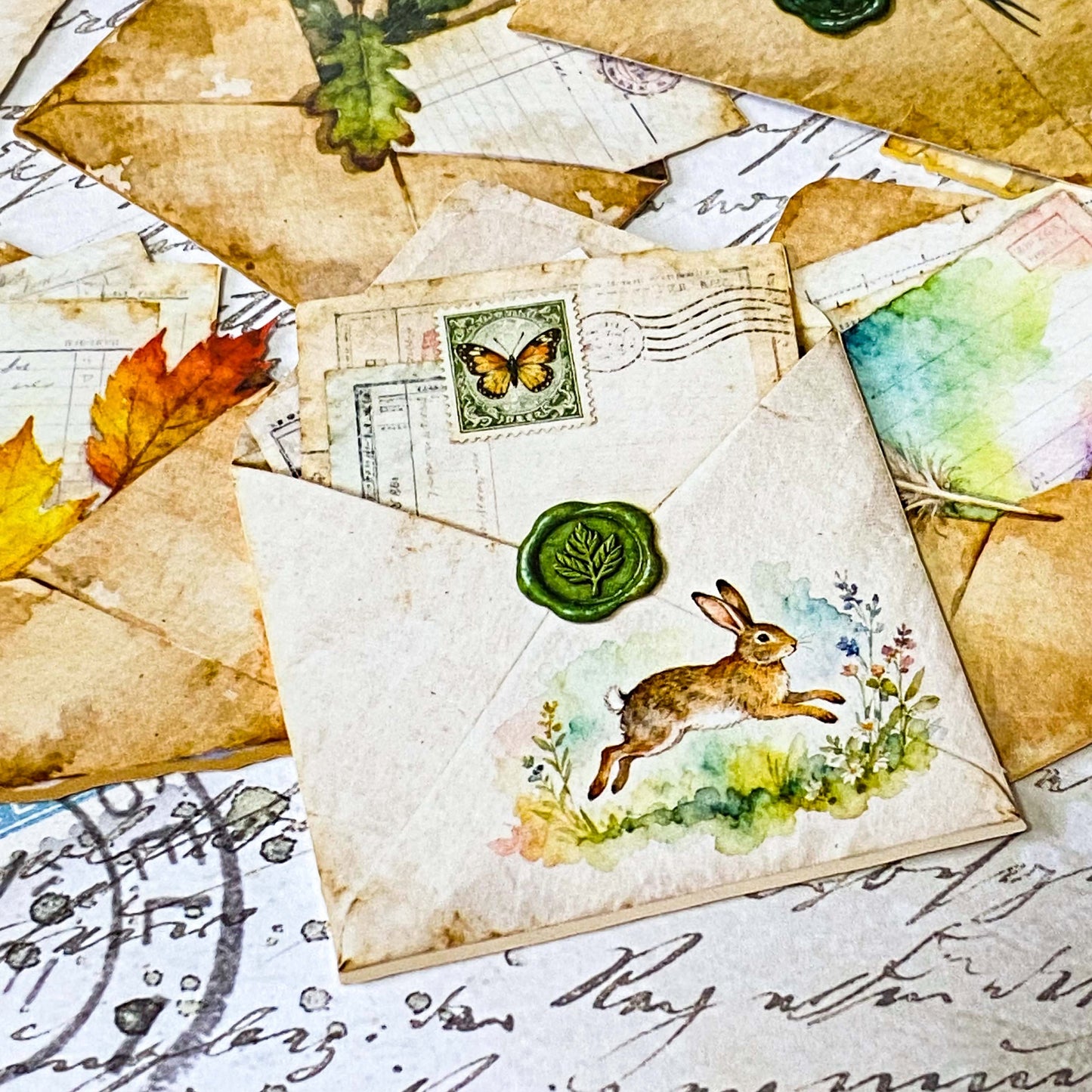 vintage die cuts of antique envelopes and letters with butterflies, animals, birds, leaves and feather decorations in sepia tone for journaling and scrapbooking