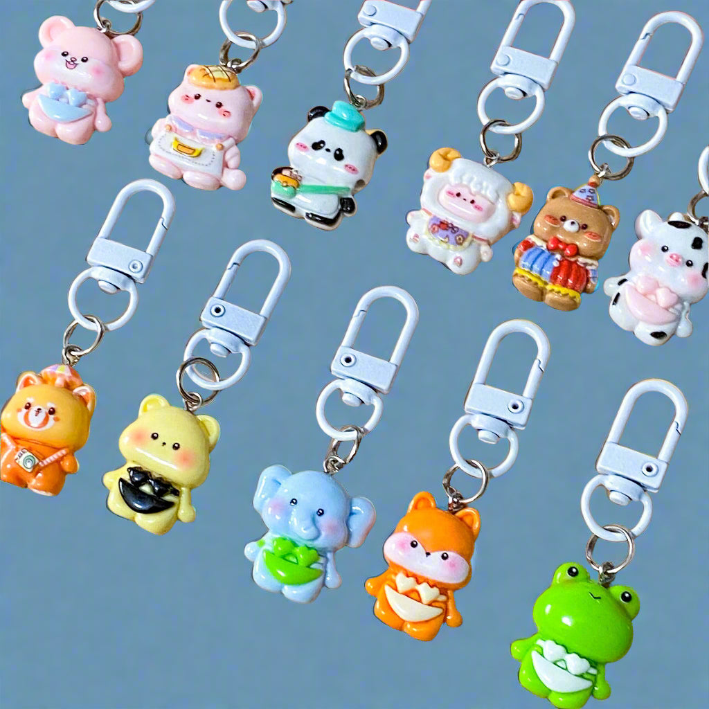 cute kawaii animal clip clips bag charm charms white metal keyring key chain fox elephant cat raccoon bear panda frog mouse sheep ram cow gift gifts shop store 