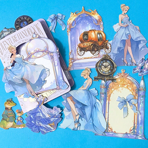 cinderella themed fairytale card sticker pack with blue gowns, pumpkin carriage, ornate mirror, magical storybook illustrations. Uk cute stationery.