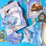 cinderella themed fairytale card sticker pack with blue gowns, pumpkin carriage, ornate mirror, magical storybook illustrations. Uk cute stationery.