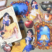 snow white inspired fairytale card sticker pack with enchanted mirrors, red apples, woodland dwarves and princess illustrations in rich jewel tones