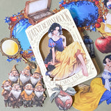 snow white inspired fairytale card sticker pack with enchanted mirrors, red apples, woodland dwarves and princess illustrations in rich jewel tones. uk cute stationery