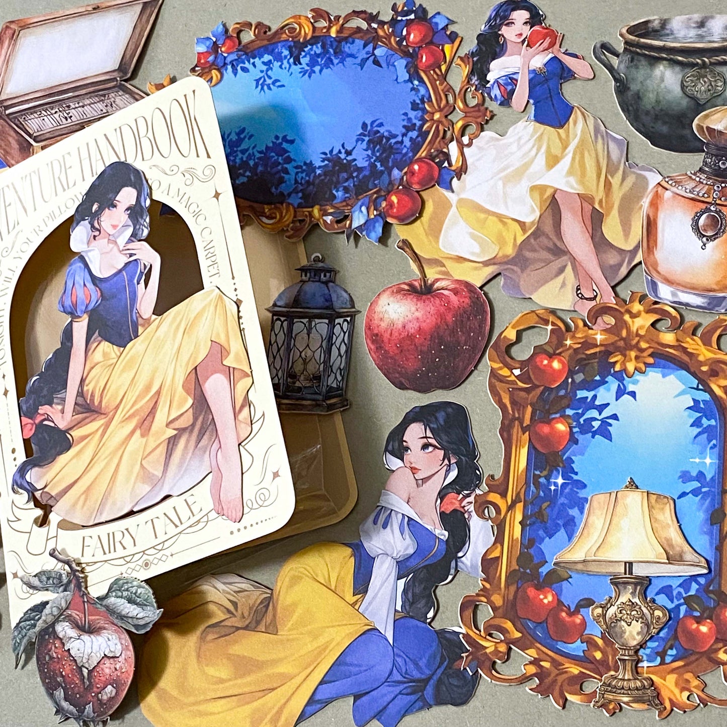 snow white inspired fairytale card sticker pack with enchanted mirrors, red apples, woodland dwarves and princess illustrations in rich jewel tones