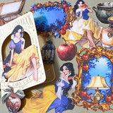 snow white inspired fairytale card sticker pack with enchanted mirrors, red apples, woodland dwarves and princess illustrations in rich jewel tones