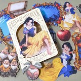 snow white inspired fairytale card sticker pack with enchanted mirrors, red apples, woodland dwarves and princess illustrations in rich jewel tones