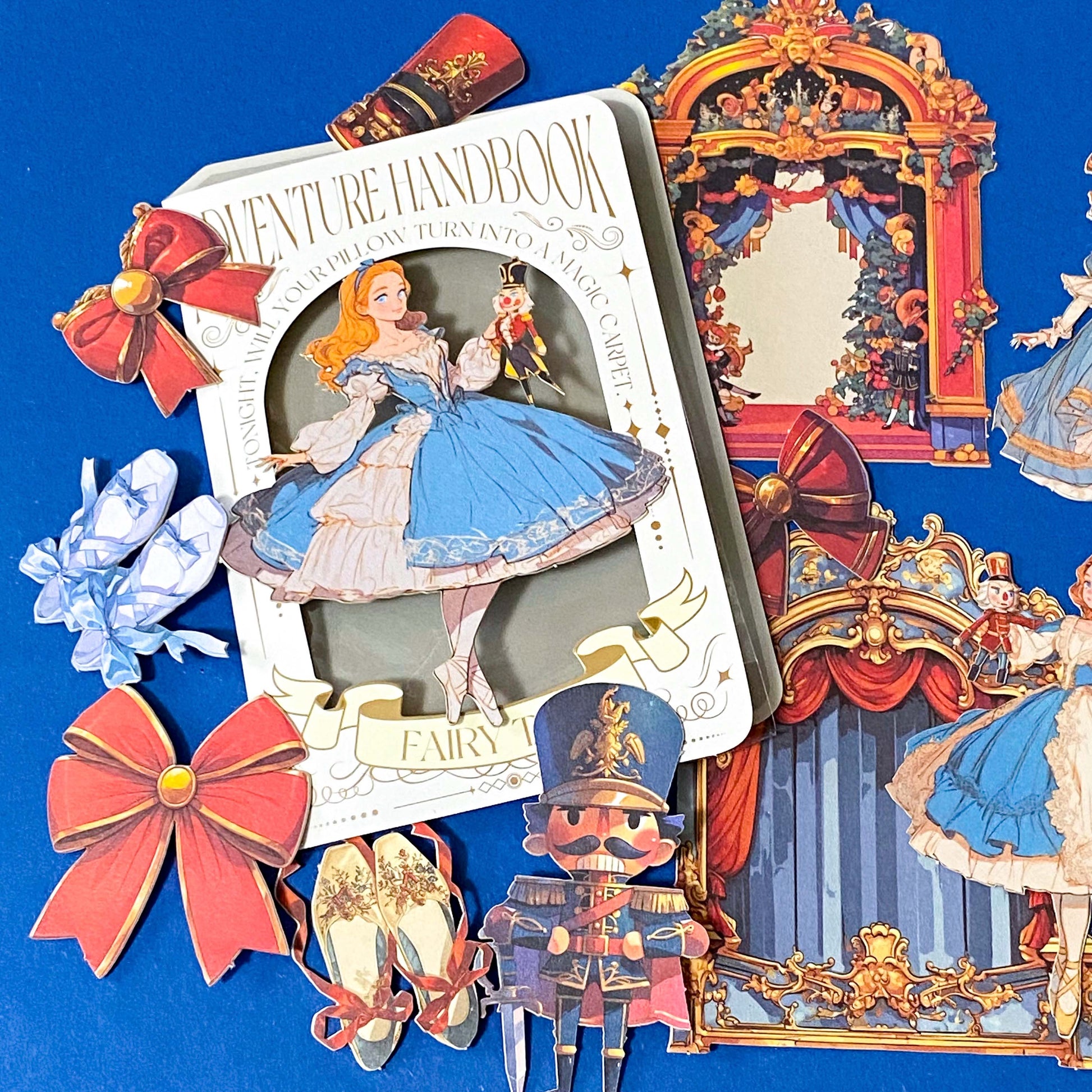 the nutcracker ballet inspired fairytale card sticker pack with ballerinas, toy soldiers, theatre stage decorations and festive storybook illustrations. uk sticker shop