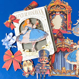 the nutcracker ballet inspired fairytale card sticker pack with ballerinas, toy soldiers, theatre stage decorations and festive storybook illustrations. uk sticker shop