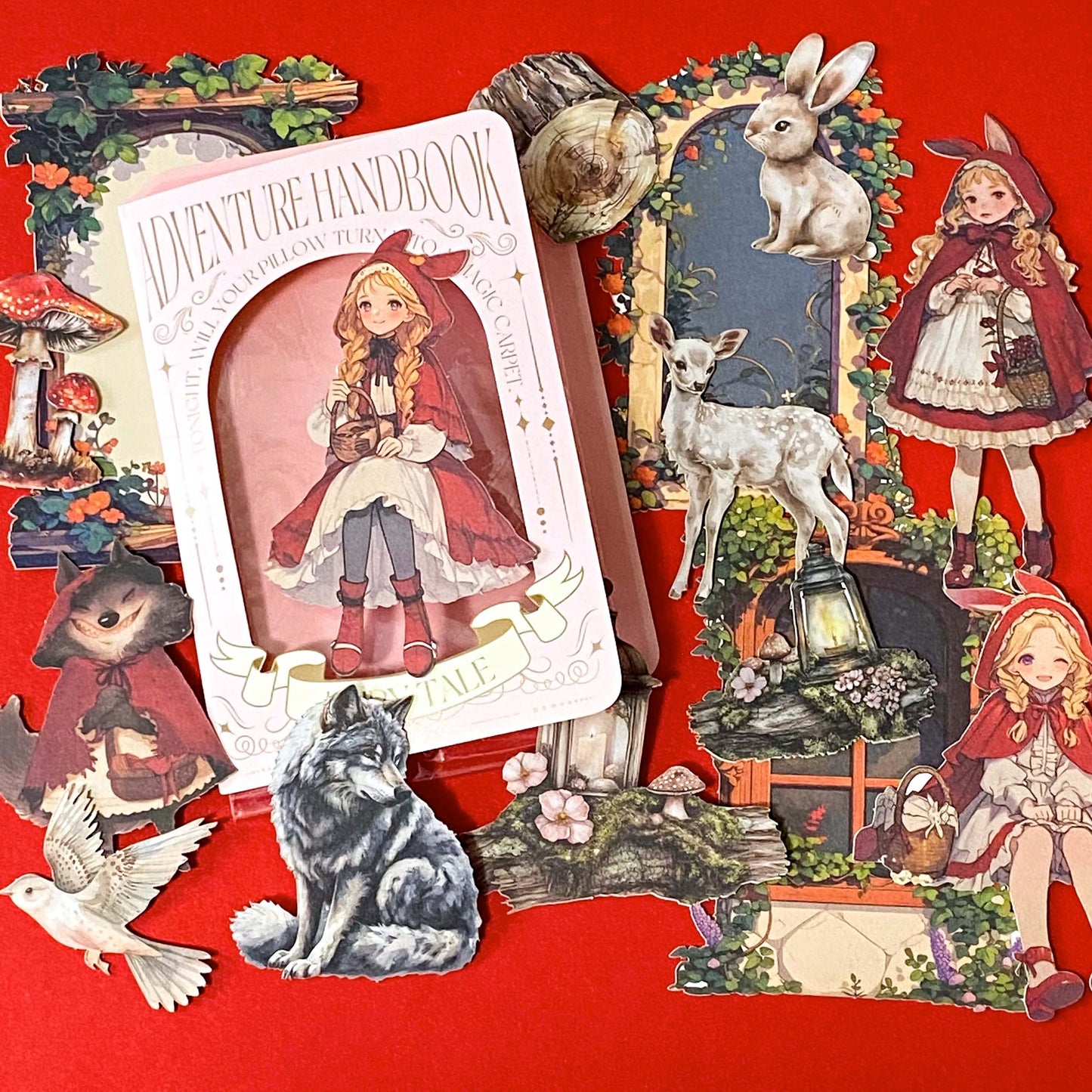 little red riding hood inspired fairytale card sticker pack with woodland animals, lanterns, mushrooms, wolves and cosy forest storybook illustrations. uk stationery shop.
