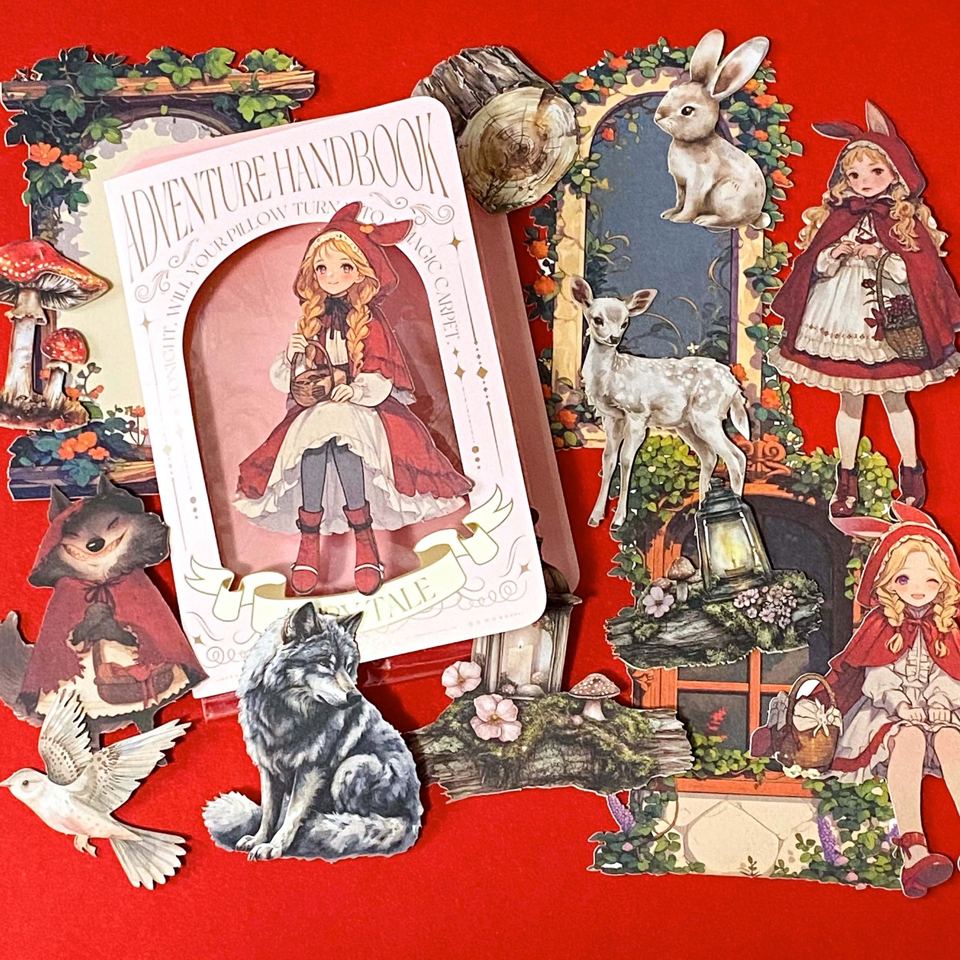 little red riding hood inspired fairytale card sticker pack with woodland animals, lanterns, mushrooms, wolves and cosy forest storybook illustrations. uk stationery shop.
