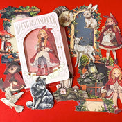 little red riding hood inspired fairytale card sticker pack with woodland animals, lanterns, mushrooms, wolves and cosy forest storybook illustrations. uk stationery shop.