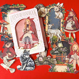 little red riding hood inspired fairytale card sticker pack with woodland animals, lanterns, mushrooms, wolves and cosy forest storybook illustrations. uk stationery shop.
