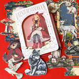 little red riding hood inspired fairytale card sticker pack with woodland animals, lanterns, mushrooms, wolves and cosy forest storybook illustrations. uk stationery shop.