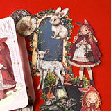 little red riding hood inspired fairytale card sticker pack with woodland animals, lanterns, mushrooms, wolves and cosy forest storybook illustrations. uk stationery shop.