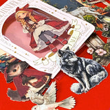 little red riding hood inspired fairytale card sticker pack with woodland animals, lanterns, mushrooms, wolves and cosy forest storybook illustrations. uk stationery shop.