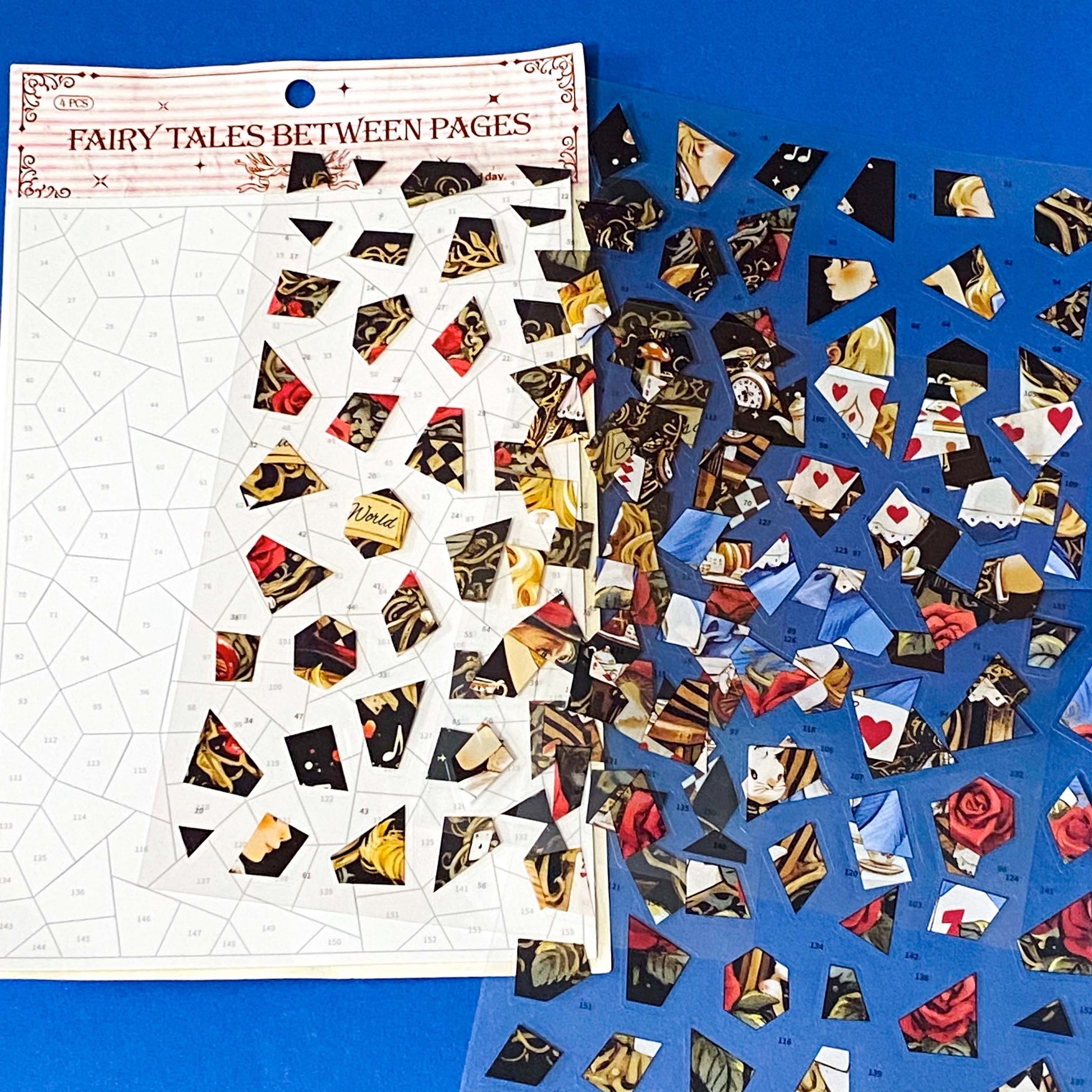alice in wonderland inspired mosaic puzzle sticker craft kit with numbered template sheet and transparent PET sticker pieces revealing a whimsical tea party illustration
