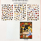 alice in wonderland inspired mosaic puzzle sticker craft kit with numbered template sheet and transparent PET sticker pieces revealing a whimsical tea party illustration