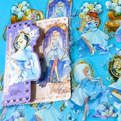 large Cinderella inspired clear PET sticker pack with dreamy blue princess illustrations, ornate mirrors, clocks, butterflies and fairytale carriage artwork