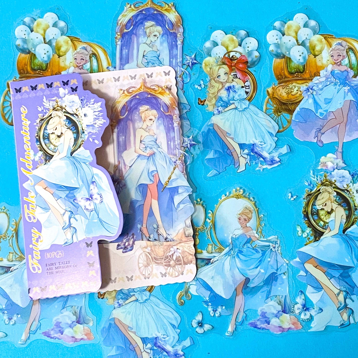 large Cinderella inspired clear PET sticker pack with dreamy blue princess illustrations, ornate mirrors, clocks, butterflies and fairytale carriage artwork