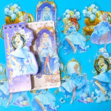 large Cinderella inspired clear PET sticker pack with dreamy blue princess illustrations, ornate mirrors, clocks, butterflies and fairytale carriage artwork