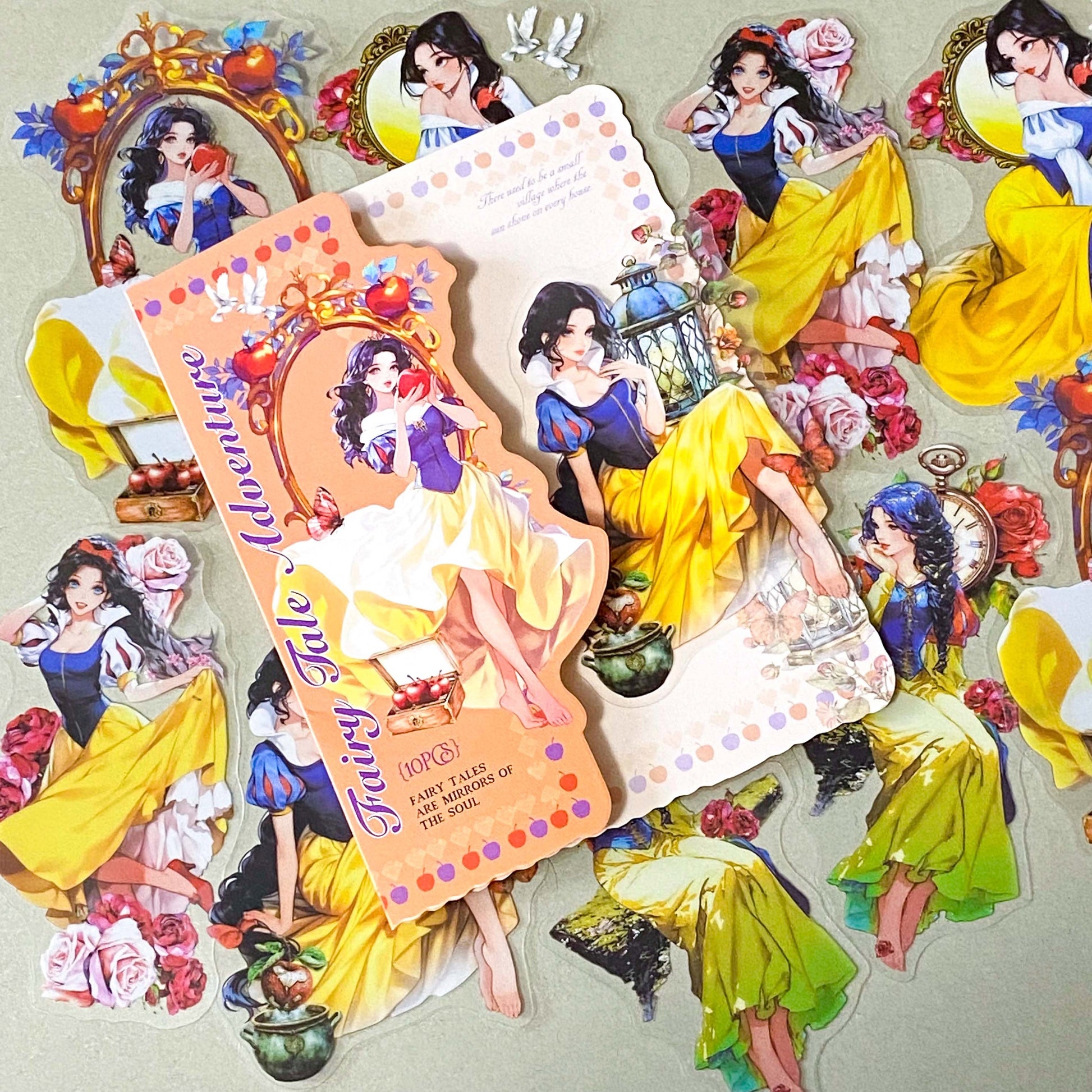 large snow white inspired clear PET sticker pack featuring enchanted apples, roses, lanterns, mirrors and princess illustrations in yellow, peach and blue tones. uk cute sticker shop