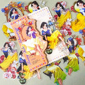 large snow white inspired clear PET sticker pack featuring enchanted apples, roses, lanterns, mirrors and princess illustrations in yellow, peach and blue tones. uk cute sticker shop