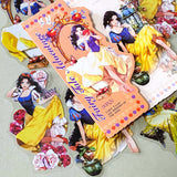 large snow white inspired clear PET sticker pack featuring enchanted apples, roses, lanterns, mirrors and princess illustrations in yellow, peach and blue tones. uk cute sticker shop