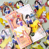 large snow white inspired clear PET sticker pack featuring enchanted apples, roses, lanterns, mirrors and princess illustrations in yellow, peach and blue tones. uk cute sticker shop