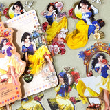 large snow white inspired clear PET sticker pack featuring enchanted apples, roses, lanterns, mirrors and princess illustrations in yellow, peach and blue tones. uk cute sticker shop