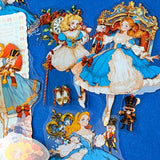 large nutcracker- inspired clear PET sticker pack featuring ballet princess illustrations, toy soldiers, ribbons, clocks and ornate storybook artwork in blue and gold tones with red.
