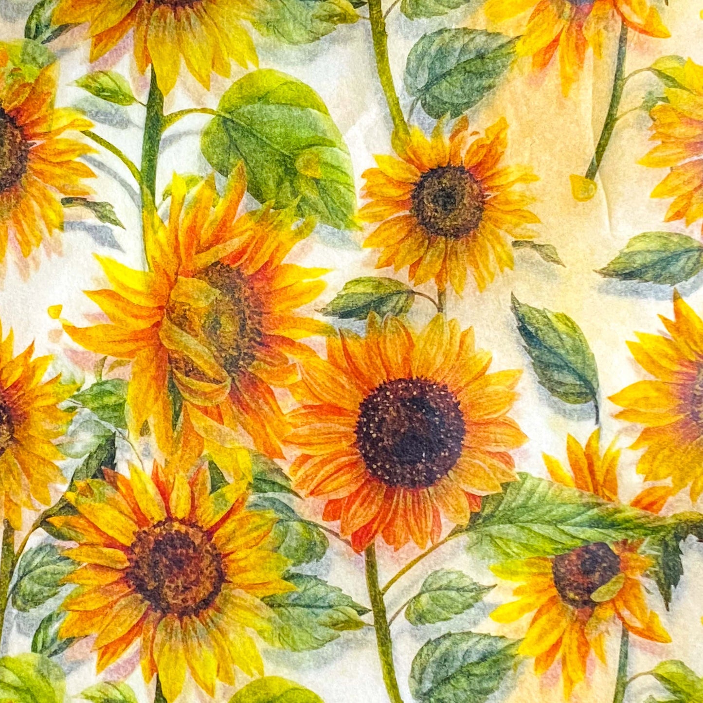 pack of 3 sheets sunflower tissue paper with orange and yellow flowers and green leaves. uk gift packaging supplies and wrap.