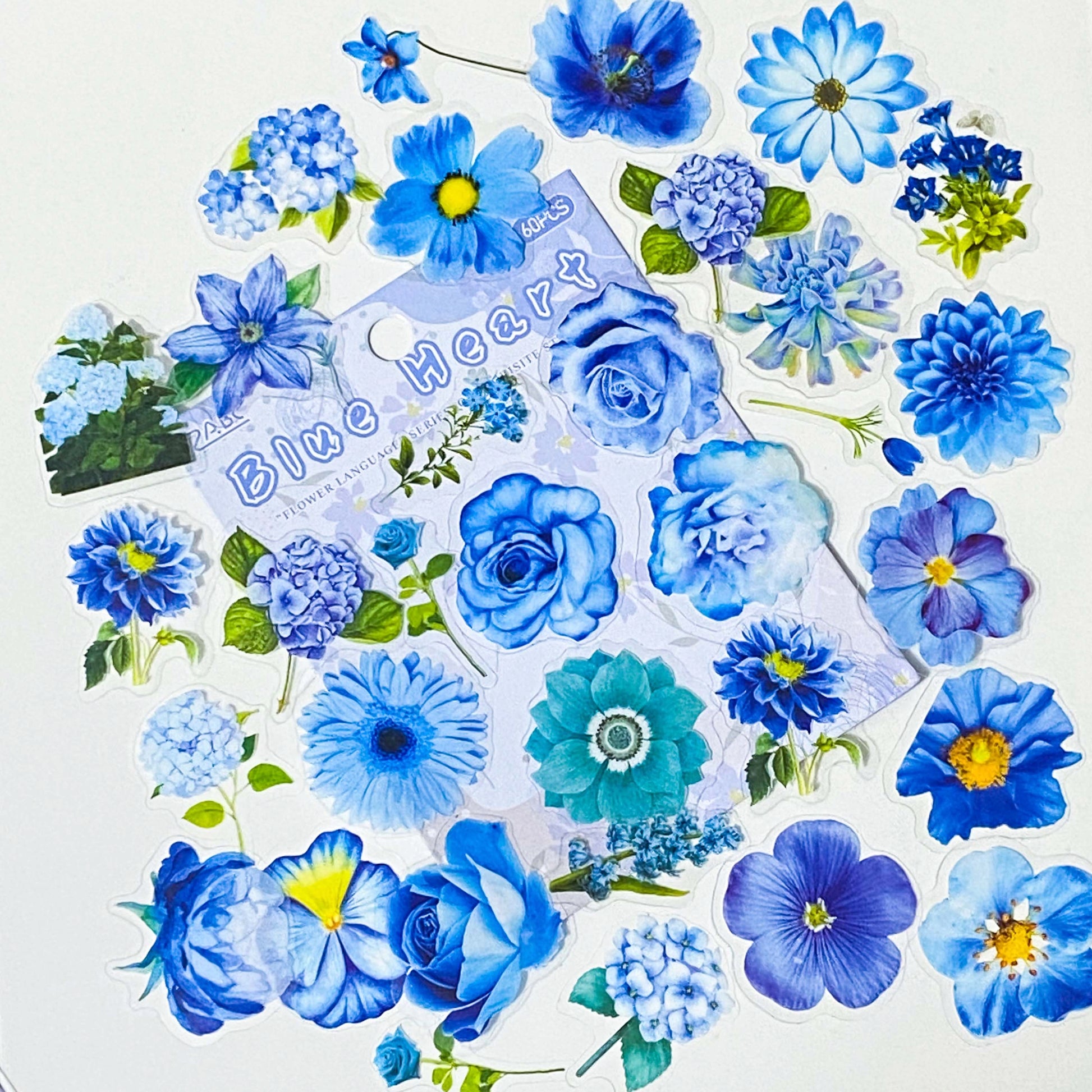 blue turquoise floral flower flowers sticker stickers flake flakes pack 60 pcs 60pcs uk cute kawaii stationery planner addict supplies shop store pretty colourful bloom blooms clear plastic pvc