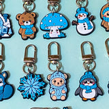 blue beige and white silicone keyring keyrings key clip clips large chunky gift gifts uk shop store stocking fillers filler winter cute kawaii bear snowflake owl owls squirrel mountain cocoa hot chocolate pine cone snowman fox foxes reindeer deer rabbit penguin penguins mushroom hedgehog animal animals christmas festive winter