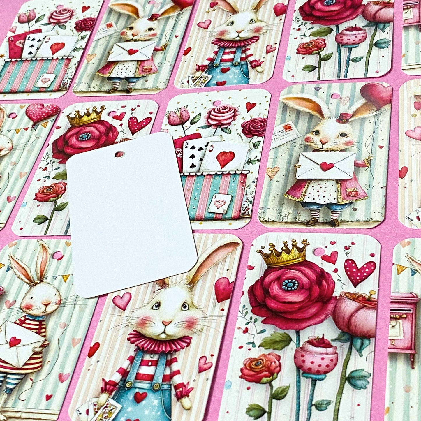 alice in wonderland rabbit themed card gift tags on a pink background for easter