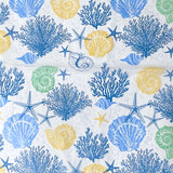 Seashell, starfish, and coral pattern tissue paper sheets on a white background