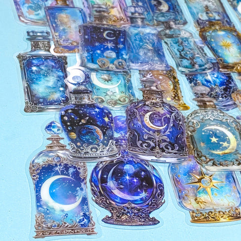 magical moon perfume bottles clear plastic stickers pack on blue background