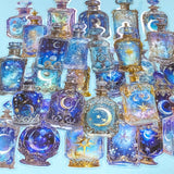 Collection of decorative bottle clear plastic stickers with celestial designs on a blue background